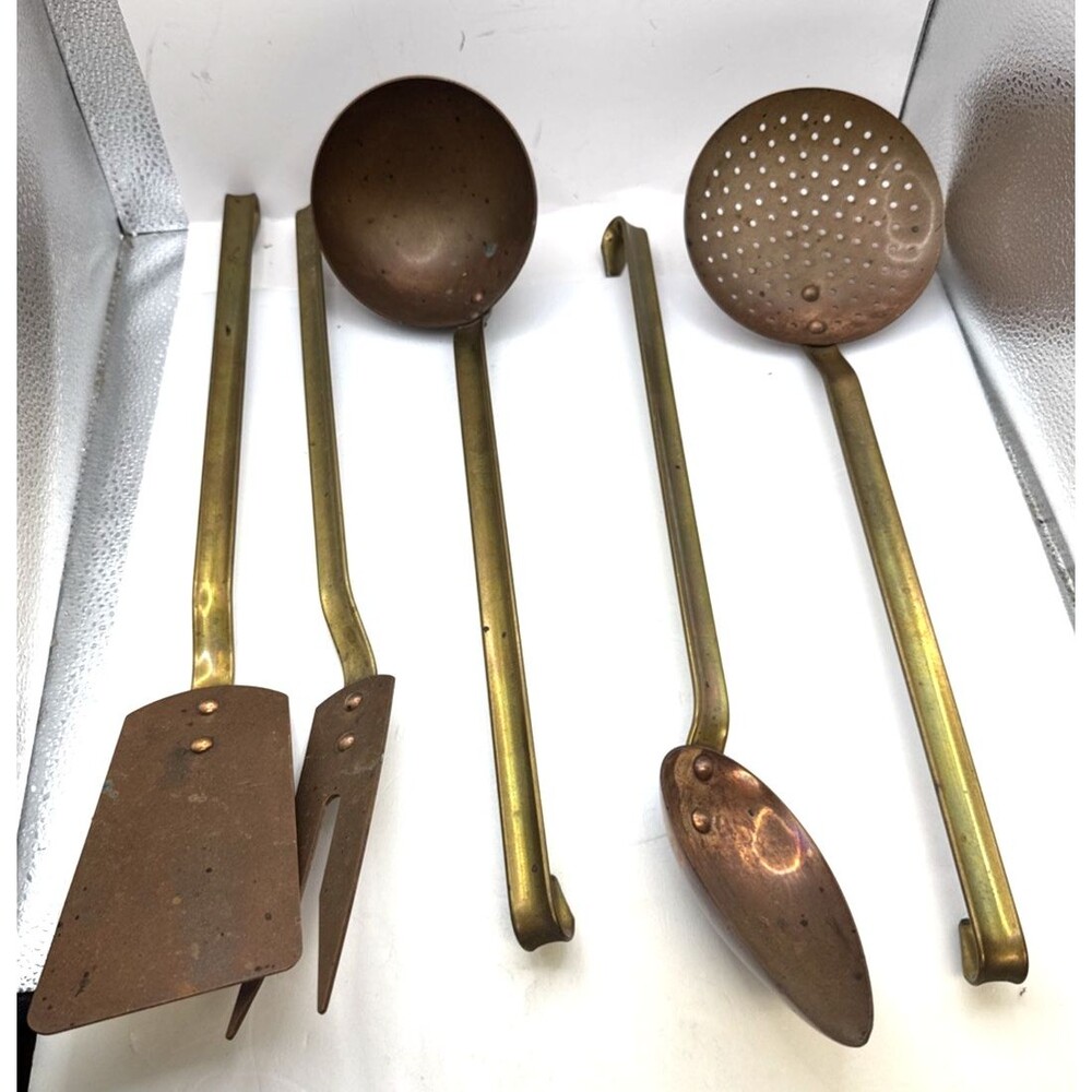 Vintage 5 Pc French Copper Kitchen Utensil Wall Hanging Set MCM Farmhouse Decor